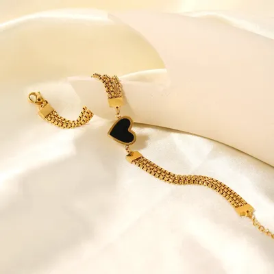 Romantic Three Chains Black White Heart Bracelet