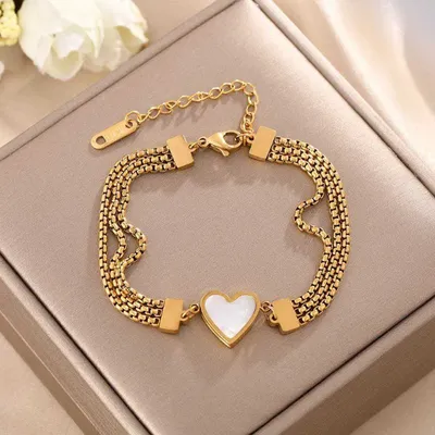 Romantic Three Chains Black White Heart Bracelet