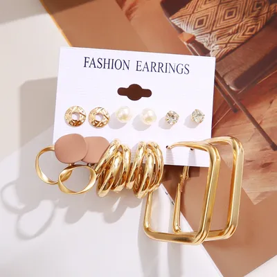 6 pairs Women's Vintage Golden Geometric Earrings Set
