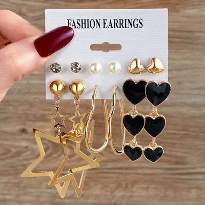 Black Golden Heart Shaped Hoop Earrings Set ( 6 Pairs )