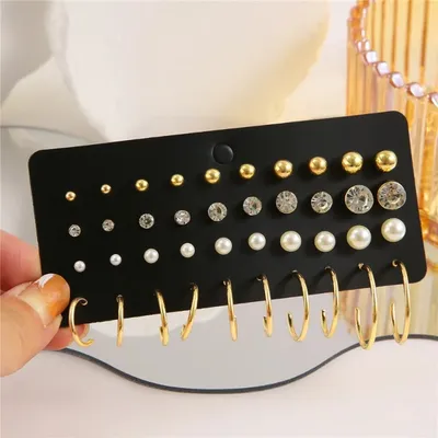 Mixed Metal Ball Heart Pearl Cuff Earrings Set (20 Pairs)