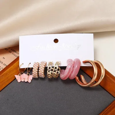 Vintage Butterfly Pearl Big Circle Drop Hoop Earrings Set (5 pairs)