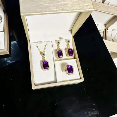 Purple Rhinestone Geometric Pendant Necklace Set
