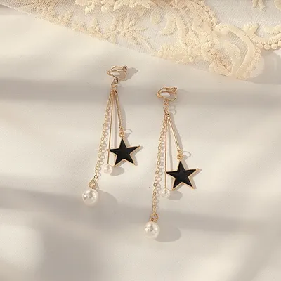 Trendy Style Black Star Tassel Pearl Drop Earrings