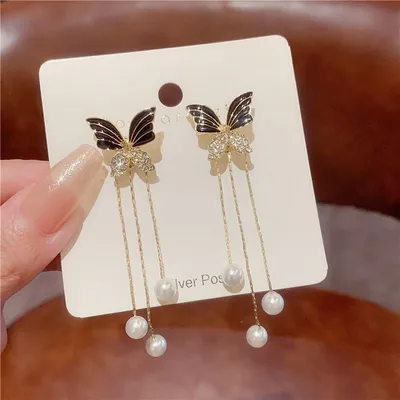 Luxury Black Butterfly Long Tassel Earrings 