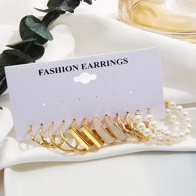 C Shape Golden Pearl Golden Hoop Earrings Set (6 pairs)