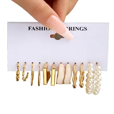 C Shape Golden Pearl Golden Hoop Earrings Set (6 pairs)