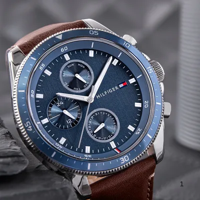 TOMMY HILFIGER BROWN LEATHER CONTRAST BEZEL WATCH