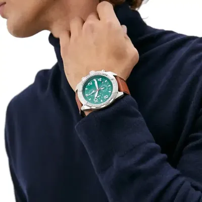 Fossil Bronson Chronograph Green Dial Brown Leather Strap Watch 