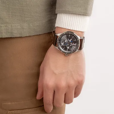 Tommy Hilfiger Austin Grey Dial Brown Leather Strap Watch for Men