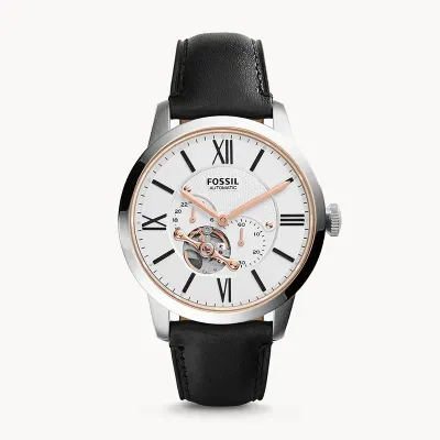 Fossil Townsman Automatic White Dial Black Leather Strap Watch for Men