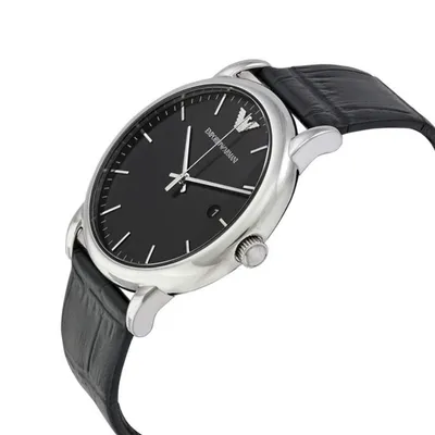 Emporio Armani Three-Hand Date Black Leather Watch