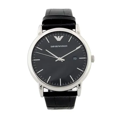 Emporio Armani Three-Hand Date Black Leather Watch