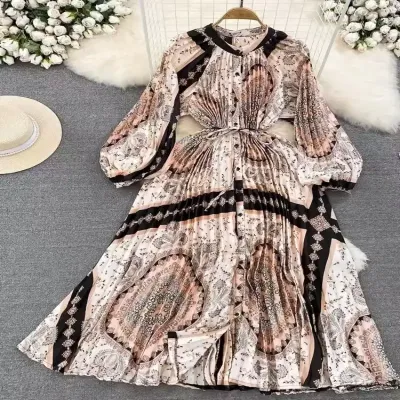 LANTERN SLEEVE ROUND NECK ELEGANT PRINTED DRESS