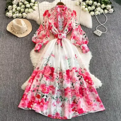 AMERICAN LANTERN SLEEVE PRINTED MIDI DRESS