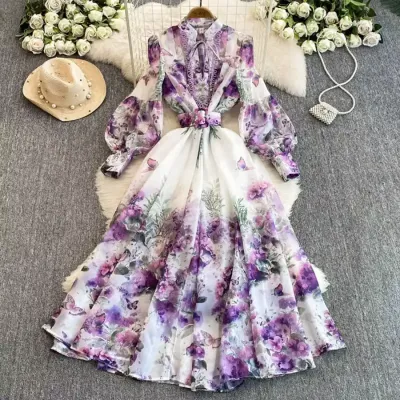 AMERICAN LANTERN SLEEVE PRINTED MIDI DRESS