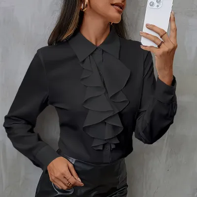 LONG SLEEVE LAPEL FALBALA CHIFFON SHIRT