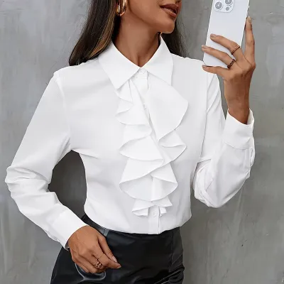 LONG SLEEVE LAPEL FALBALA CHIFFON SHIRT