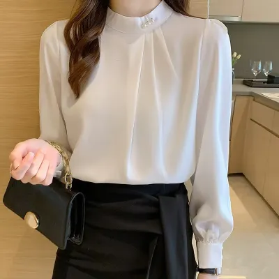 PEARL BEADING STAND COLLAR CASUAL SHIRT