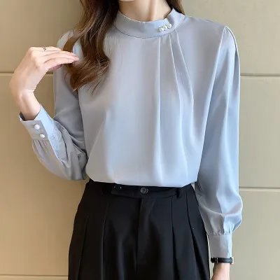 PEARL BEADING STAND COLLAR CASUAL SHIRT