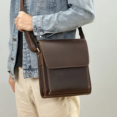 Genuine Leather Men’s Business Crossbody Bag – Cowhide Crazy Horse Retro Shoulder Messenger Bag