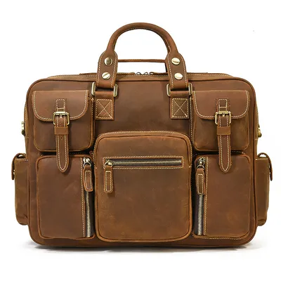 Genuine Leather Multi-Pocket Business Travel Shoulder & Laptop Bag - Men’s Vintage Crazy Horse Leather Briefcase