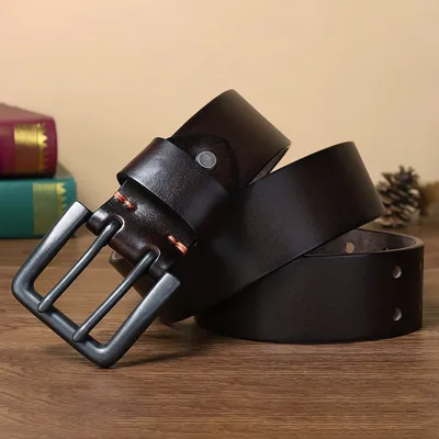 Men’s Genuine Leather Belt – 4.3CM Wide Retro Cowhide Double Pin Buckle Handmade Antique Style