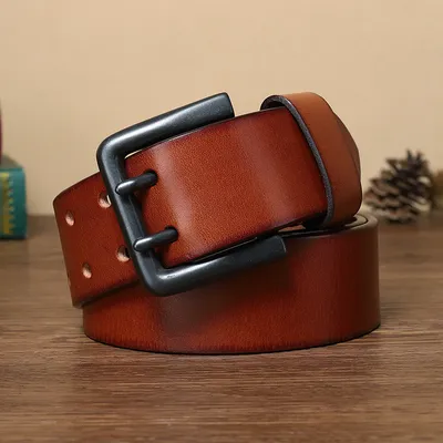 Men’s Genuine Leather Belt – 4.3CM Wide Retro Cowhide Double Pin Buckle Handmade Antique Style