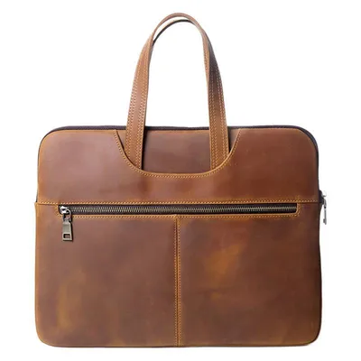 Genuine Crazy Horse Leather Laptop Bag – 15 Inch Zipper Protective Business Office Bag
