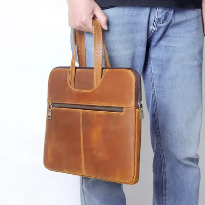 Genuine Crazy Horse Leather Laptop Bag – 15 Inch Zipper Protective Business Office Bag