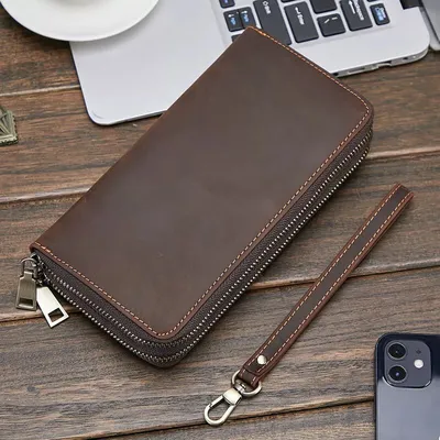 Genuine Crazy Horse Leather Double Zipper RFID Clutch – Retro Long Wallet