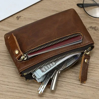 Genuine Crazy Horse Leather Coin Purse with Key Ring