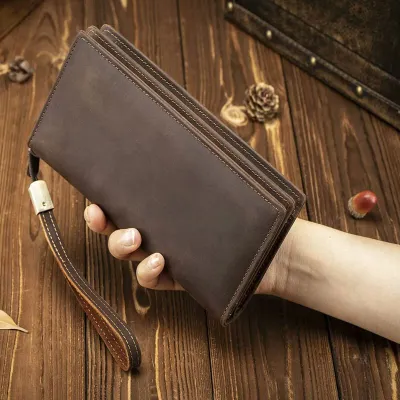 Genuine Crazy Horse Leather Long Wallet – Zipper Business Clutch