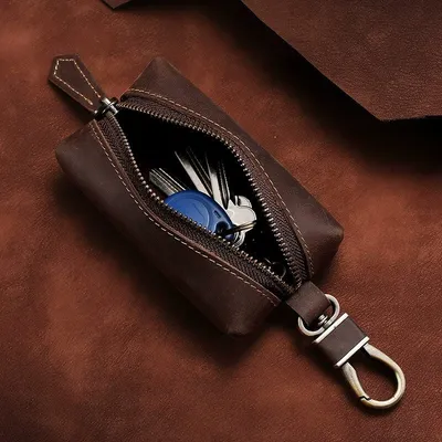Genuine Crazy Horse Leather Retro Hanging Key Case Zipper Bag