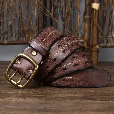 Handmade Genuine Cowhide Leather Belt for Men – Retro Double Pin Copper Buckle