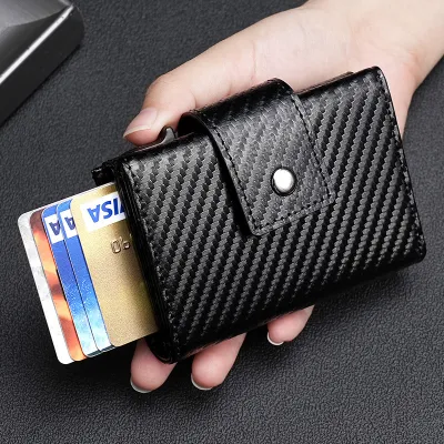 Carbon Fiber Leather RFID Metal Box Pop-Up Card Holder Wallet