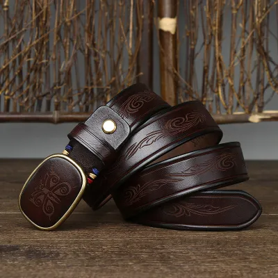 Men's Retro Laser Engraved Genuine Leather Belt – Smooth Buckle Cowhide Casual Style
