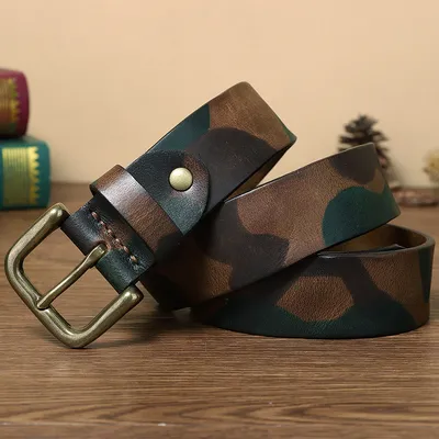 Genuine Cowhide Leather Camouflage Belt – Retro Copper Pin Buckle