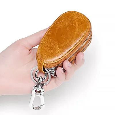 Genuine Leather Car Key Holder – Double Layer Cowhide Zipper Key Case