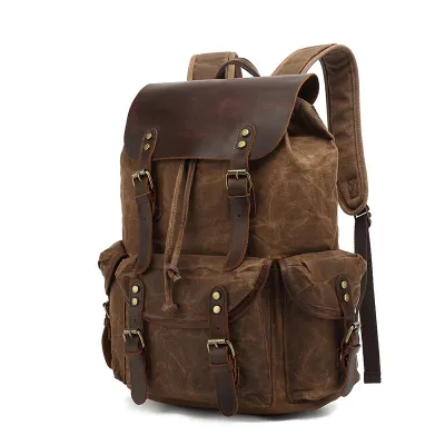 Retro Waxed Canvas Backpack for Men – Travel & Laptop Bag with Crazy Horse Leather