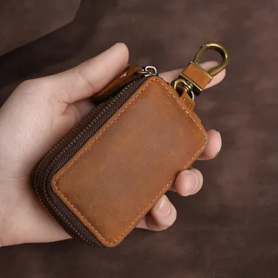 Genuine Cowhide Leather Car Key Case – Double Zipper Key Holder with Waist Clip | Retro Multifunctional Key Cover
