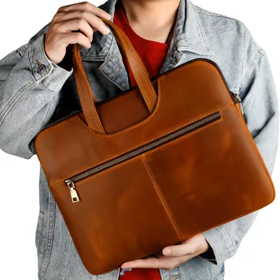 Genuine Crazy Horse Leather Laptop Bag – Business Men's Office Protective Sleeve