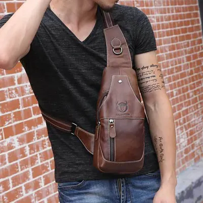 BULLCAPTAIN Retro Men’s Genuine Leather Crossbody Chest Bag – Cowhide Sling Bag