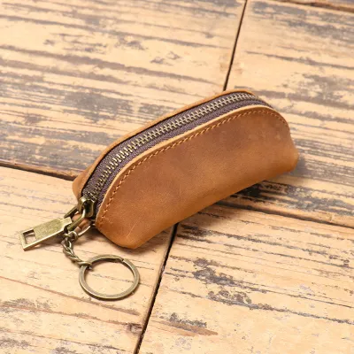 Genuine Leather Coin Purse – Crazy Horse Leather Waist Hanging Key Case with Chain