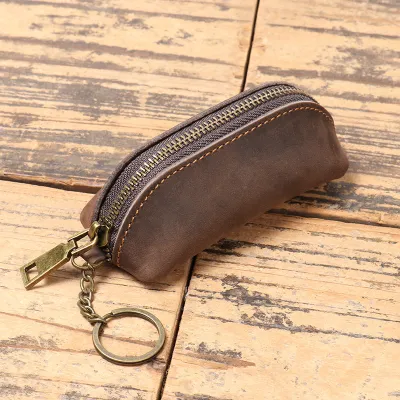 Genuine Leather Coin Purse – Crazy Horse Leather Waist Hanging Key Case with Chain