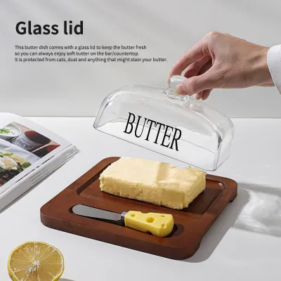 "Wooden Butter Dish with Glass Lid 