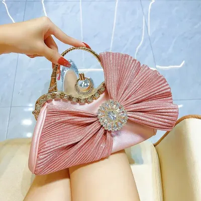 Pleated Satin Bowknot Diamond Square Clutch 
