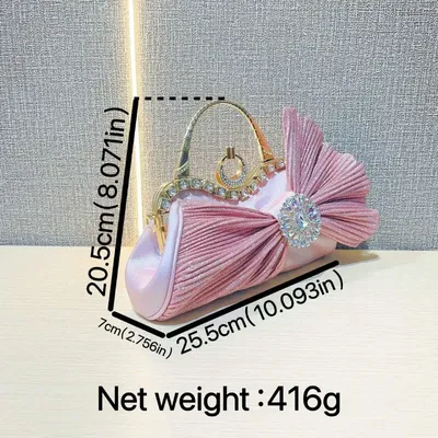 Pleated Satin Bowknot Diamond Square Clutch  Rose