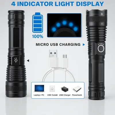 Rechargeable Zoom LED Flashlight USB Torch Light – With Battery