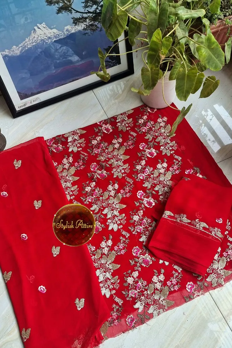 Pakistani Chiffon Unstitched 2Pcs _ Red 